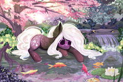 Size: 3000x2000 | Tagged: safe, artist:vitani, derpibooru import, oc, oc only, earth pony, fish, pony, cherry blossoms, female, flower, flower blossom, lily (flower), lilypad, lying down, mare, prone, scenery, solo, water, waterfall