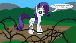 Size: 1920x1080 | Tagged: safe, artist:platinumdrop, derpibooru import, rarity, pony, unicorn, g4, black vine, commission, horn, monologue, outdoors, speech bubble, talking