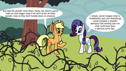 Size: 1920x1080 | Tagged: safe, artist:platinumdrop, derpibooru import, applejack, rarity, earth pony, pony, unicorn, g4, look before you sleep, black vine, commission, dialogue, horn, my little pony: friendship is magic, outdoors, speech bubble