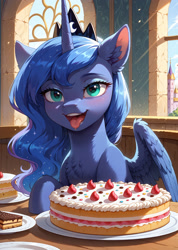 Size: 1777x2496 | Tagged: safe, ai content, derpibooru import, princess luna, alicorn, pony, g4, ai composition, cake, candy, day, eyelashes, female, food, horn, indoors, jewelry, looking at you, mare, open mouth, open smile, partially open wings, prompter:bluetoothworld, regalia, smiling, solo, sweets, tongue, tongue out, window, wings