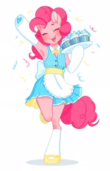 Size: 1316x2048 | Tagged: safe, artist:murimio_, derpibooru import, pinkie pie, anthro, earth pony, unguligrade anthro, g4, arm hooves, blushing, clothes, confetti, cupcake, cute, dress, eyes closed, female, food, hoof heart, one leg raised, open mouth, open smile, shadow, simple background, smiling, solo, tray, underhoof, waving, white background