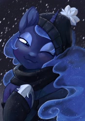 Size: 1431x2048 | Tagged: safe, artist:murimio_, derpibooru import, princess luna, alicorn, anthro, g4, arm hooves, beanie, clothes, ethereal mane, female, hat, hoof on chest, hoof shoes, horn, lidded eyes, looking at you, one eye closed, princess shoes, scarf, smiling, smiling at you, snow, snowfall, solo