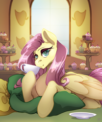 Size: 2000x2400 | Tagged: safe, artist:villiris, derpibooru import, fluttershy, g4, cherry, cup, cupcake, dessert, folded wings, food, indoors, macaron, pillow, saucer, solo, teacup, throw pillow, window, wingding eyes, wings