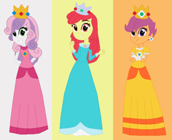 Size: 628x511 | Tagged: safe, artist:noahishere18, artist:selenaede, derpibooru import, apple bloom, scootaloo, sweetie belle, human, equestria girls, g4, adorabloom, base used, clothes, crown, cute, cutealoo, cutie mark crusaders, cutie mark cuties, diasweetes, dress, ear piercing, earring, female, gloves, gown, grin, jewelry, piercing, poofy shoulders, princess daisy, princess peach, princess rosalina, regalia, rosalina, scootaloo also dresses in style, smiling, super mario, super mario bros., trio