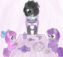 Size: 760x690 | Tagged: safe, artist:snowflakepone, derpibooru import, oc, oc:cotton candy, oc:etheral darkness, oc:pinky shine, fanfic:playing house, abdl, annoyed, baby bottle, cookie, detailed background, diaper, diaper fetish, fetish, food, humiliation, pacifier, sitting, tea party, teapot