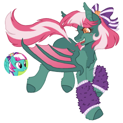 Size: 1000x1000 | Tagged: safe, artist:kazmuun, derpibooru import, part of a set, spring step, sunlight spring, bat pony, pony, series:kazmuun's drawing every pony, g4, alternate coat color, alternate design, alternate eye color, bangs, bat ponified, blush lines, blushing, bobcut, bow, cheerleader, chest fluff, claws, clothes, colored, colored eyelashes, colored hooves, colored legs, colored lineart, colored pinnae, colored pupils, colored wings, countershading, cute, cute little fangs, ear fluff, ear tufts, ears, eyebrows, eyebrows visible through hair, facial markings, fangs, female, fetlock tuft, flat colors, flowing mane, flowing tail, fluffy leg warmers, folded wings, golden eyes, gradient wings, green coat, green hooves, hair accessory, hair bow, head turn, heart, hock fluff, hooves, leg warmers, mane accessory, mare, mealy mouth (coat marking), open mouth, open smile, orange eyes, pink mane, pink tail, profile, race swap, red eyelashes, red pupils, redesign, running, screencap reference, short hair, short mane, shoulder fluff, signature, simple background, slit eyes, smiling, solo, straight mane, straight tail, tail, tall ears, transparent background, two toned mane, two toned tail, two toned wings, white text, wing claws, wings