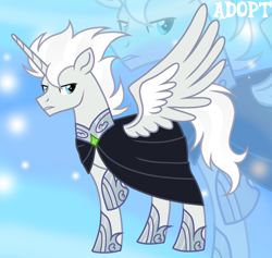 Size: 1280x1212 | Tagged: safe, artist:vi45, derpibooru import, oc, oc only, alicorn, pony, adoptable, base used, blue eyes, cloak, clothes, colored wings, frown, gradient background, gradient mane, gradient tail, gray coat, hoof shoes, horn, long horn, long tail, looking back, male, male alicorn, male alicorn oc, male oc, narrowed eyes, peytral, princess shoes, raised hoof, raised leg, silver mane, silver tail, solo, spiky mane, spread wings, stallion, stallion oc, standing, standing on three hooves, tail, two toned mane, two toned tail, two toned wings, unicorn horn, white mane, white tail, wings, zoom layer