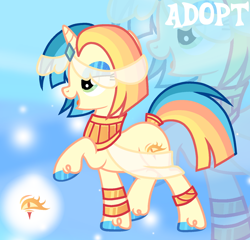 Size: 1280x1230 | Tagged: safe, artist:vi45, derpibooru import, oc, oc only, pony, unicorn, adoptable, base used, blue eyeshadow, bobcut, bracelet, clothes, eyelashes, eyeshadow, female, female oc, gold jewelry, gradient background, green eyes, horn, jewelry, lidded eyes, makeup, mare, mare oc, multicolored mane, multicolored tail, open mouth, open smile, peytral, profile, raised hoof, raised leg, sash, see-through, shiny hooves, short hair, short mane, silk, small horn, smiling, solo, sparkly eyeshadow, standing, standing on three hooves, straight mane, straight tail, tail, tail accessory, tail cuff, unicorn oc, unshorn fetlocks, yellow coat, zoom layer