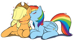 Size: 500x276 | Tagged: safe, artist:halley-valentine, derpibooru import, applejack, rainbow dash, earth pony, pegasus, pony, g4, appledash, applejack's hat, blushing, clothes, cowboy hat, female, folded wings, hairband, hat, kissing, lesbian, shipping, simple background, tail, tail band, white background, wings