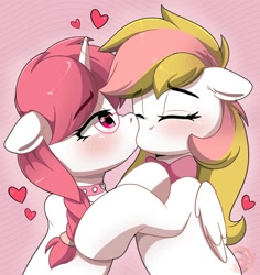 Size: 1888x2000 | Tagged: safe, artist:joaothejohn, derpibooru import, oc, oc only, oc:marshmallow, oc:moon rose, pegasus, unicorn, bow, clothes, cute, duo, eyes closed, female, glasses, gradient background, heart, horn, hug, kissing, lesbian, multicolored hair, oc x oc, pegasus oc, shipping, striped background, unicorn oc