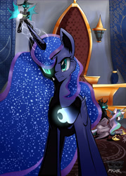 Size: 4900x6825 | Tagged: safe, artist:f-nar, derpibooru import, nightmare moon, princess celestia, princess luna, alicorn, changeling, pony, g4, biting, detailed background, female, glowing, glowing horn, hair bite, horn, magic, mare, mid-transformation, nightmare luna, signature, solo, standing, throne room, transformation