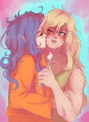 Size: 1050x1444 | Tagged: safe, artist:sundown, derpibooru import, applejack, rarity, human, g4, duo, elf ears, female, horn, horned humanization, humanized, jacqueline applebuck, juliette d'rarie, kiss on the cheek, kissing, lesbian, rarijack, shipping, toothbrush