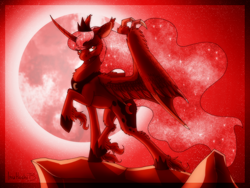 Size: 1800x1350 | Tagged: safe, artist:inuhoshi-to-darkpen, derpibooru import, princess luna, alicorn, bat pony, bat pony alicorn, pony, g4, bat ponified, bat wings, blood moon, claws, fangs, feathered fetlocks, female, horn, hybrid wings, lunabat, mare, monochrome, moon, race swap, raised hoof, raised leg, solo, unshorn fetlocks, wing claws, wings