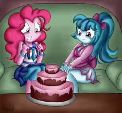 Size: 1350x1250 | Tagged: safe, artist:queentigrel, derpibooru import, pinkie pie, sonata dusk, equestria girls, g4, bow, cake, candle, clothes, duo, food, hair bow, see-through, sleeping pills, sofa