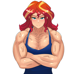 Size: 3000x3000 | Tagged: safe, artist:tzc, derpibooru import, sunset shimmer, equestria girls, g4, biceps, blushing, buff, clothes, crossed arms, female, fetish, human coloration, looking at you, muscle fetish, muscles, muscular female, pecs, simple background, smiling, solo, sunset lifter, tanktop, vein, vein bulge, white background