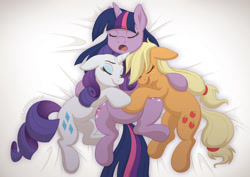 Size: 1500x1061 | Tagged: safe, artist:littlehybridshila, derpibooru import, applejack, rarity, twilight sparkle, unicorn twilight, earth pony, pony, unicorn, g4, look before you sleep, 2020, bonding, cuddle puddle, cuddling, cute, ears, female, floppy ears, hand on belly, hatless, hoof on belly, horn, jackabetes, lesbian, lying down, missing accessory, my little pony: friendship is magic, old art, on back, on side, ot3, polyamory, pony pile, raribetes, rarijack, rarijacklight, rarilight, rarilightjack, shipping, sleeping, snoring, snuggling, trio, trio female, twiabetes, twijack, twirarijack