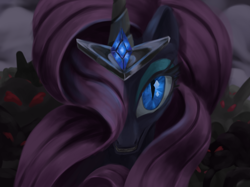 Size: 2732x2048 | Tagged: safe, artist:nafrost, derpibooru import, nightmare rarity, pony, unicorn, g4, blue eyes, cloud, crown, dark, digital art, evil, evil smile, eyelashes, eyeshadow, fangs, female, gem, grin, horn, jewelry, looking at you, makeup, mare, purple mane, regalia, sky, smiling, smiling at you, solo, teeth