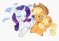 Size: 2115x1489 | Tagged: safe, artist:meykeyii, derpibooru import, applejack, rarity, earth pony, pony, unicorn, g4, abstract background, applejack's hat, blushing, clothes, cowboy hat, curved horn, female, freckles, hat, horn, lesbian, lying down, mare, prone, rarijack, shipping, speech bubble