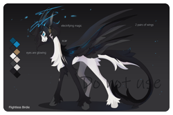 Size: 4500x3000 | Tagged: safe, artist:flightless birdie, derpibooru import, oc, oc only, pony, adoptable, chest fluff, concave belly, curved horn, ear piercing, earring, gradient background, horn, horns, jewelry, leonine tail, magic, multiple wings, piercing, slender, solo, tail, thin, unshorn fetlocks, wings