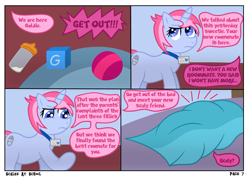 Size: 4960x3508 | Tagged: safe, artist:sweetielover, derpibooru import, oc, pony, unicorn, comic:scales at school, g4, angry, baby bottle, bed, bedroom, blanket, blocks, carpet, comic, dialogue, female, high res, horn, logo, nudity, school, solo, toy, webcomic