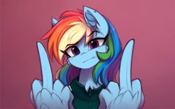 Size: 2048x1275 | Tagged: safe, artist:lerk, derpibooru import, rainbow dash, pegasus, pony, g4, clothes, ear fluff, ears, feather fingers, female, gradient background, jacket, mare, middle feather, middle finger, solo, squid game, squid game 2, vulgar, wing hands, wings