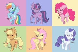 Size: 2000x1333 | Tagged: safe, artist:inlaru, derpibooru import, applejack, fluttershy, pinkie pie, rainbow dash, rarity, twilight sparkle, unicorn twilight, pegasus, pony, unicorn, g4, absurd resolution, chibi, colored, cute, digital art, eyes closed, feather, female, flat colors, full color, happy, horn, horns, mane six, mare, pegasus wings, rainbow, solo, wings