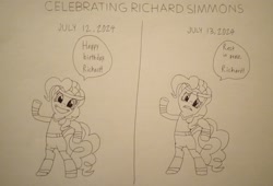 Size: 3318x2255 | Tagged: safe, anonymous artist, derpibooru exclusive, derpibooru import, pinkie pie, earth pony, pony, g4, 2025, awesome, bipedal, crying, exercise, exercising, great, happy, in memoriam, mourning, rest in peace, richard simmons, sad, smiling, tears of sadness, teary eyes, traditional art, tribute