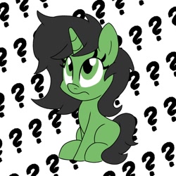 Size: 1000x1000 | Tagged: safe, artist:unitxxvii, derpibooru import, oc, oc only, oc:anon filly, pony, unicorn, female, filly, foal, frown, horn, looking up, patterned background, question mark, sitting, solo