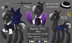 Size: 2886x1744 | Tagged: safe, artist:vitani, derpibooru import, oc, oc only, oc:shadow dash, alicorn, bat pony, bat pony alicorn, pony, bat wings, claws, clothes, ear piercing, ear tufts, earring, hat, horn, jewelry, magic, male, necktie, piercing, reference sheet, solo, stallion, sword, waistcoat, weapon, wings