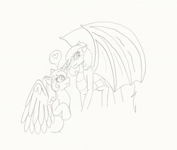 Size: 2037x1733 | Tagged: safe, artist:creamecream, derpibooru import, princess flurry heart, oc, oc:juliet, alicorn, dracony, dragon, hybrid, pony, duo, heart, height difference, interspecies offspring, offspring, older, older flurry heart, parent:rarity, parent:spike, parents:sparity, pencil drawing, speech bubble, spoken heart, traditional art