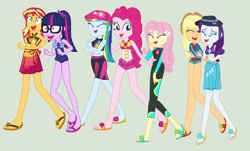 Size: 1149x695 | Tagged: safe, artist:diana173076, derpibooru import, applejack, fluttershy, pinkie pie, rainbow dash, rarity, sci-twi, sunset shimmer, twilight sparkle, human, equestria girls, g4, applejack's beach shorts swimsuit, barefoot, base used, belly, belly button, bikini, clothes, feet, female, flip-flops, fluttershy's wetsuit, glasses, hat, humane five, humane seven, humane six, jewelry, one-piece swimsuit, piercing, pinkie pie swimsuit, rainbow dash's beach shorts swimsuit, rarity's blue sarong, rarity's purple bikini, sandals, sarong, sci-twi swimsuit, simple background, sun hat, sunset shimmer swimsuit, swimsuit, tickling, wetsuit, white background