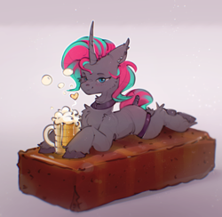 Size: 2064x2018 | Tagged: safe, artist:itssim, derpibooru import, oc, oc only, oc:synthie glitch, bat pony, hybrid, unicorn, alcohol, bat pony unicorn, beer, beer mug, blue eyes, blushing, bread, brick, butt blush, chest fluff, choker, curved horn, drink, drunk, drunk bubbles, ear piercing, ear tufts, earring, emanata, female, food, gift art, gradient background, horn, jewelry, leg band, lying, lying down, mare, piercing, prone, snack, solo, sploot, tail, tail wrap, unshorn fetlocks