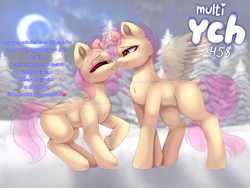 Size: 4000x3000 | Tagged: safe, artist:taiweiart, derpibooru import, oc, alicorn, bat pony, pegasus, pony, unicorn, any race, any species, boop, commission, couple, cute, derpibooru, detailed background, full body, full shading, heart, heart eyes, hearth's warming, hearts and hooves day, horn, horns, kiss on the lips, kissing, love, meta, moon, night, night background, noseboop, outdoors, pink eyes, pink hair, pink mane, pone, snow, tags, unlimited ych, wide eyes, wingding eyes, wings, winter, yellow pony, your character here