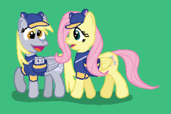 Size: 768x512 | Tagged: safe, artist:alumina nitride, derpibooru import, derpy hooves, fluttershy, pegasus, g4, clothes, digital art, female, mare, pixel art, simple background, steam delivery girl