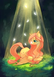 Size: 1431x2048 | Tagged: safe, artist:murimio_, derpibooru import, fluttershy, butterfly, pegasus, pony, g4, butterfly on nose, crepuscular rays, female, grass, insect on nose, lidded eyes, lying down, mare, outdoors, prone, smiling, solo, wings