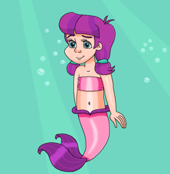 Size: 904x926 | Tagged: safe, artist:ocean lover, derpibooru import, lily longsocks, human, mermaid, g4, bandeau, bare shoulders, bashful, belly, belly button, blue eyes, bubble, child, cute, fins, fish tail, happy, humanized, innocent, light skin, mermaid tail, mermaidized, midriff, ms paint, ocean, pigtails, purple hair, smiling, species swap, swimming, tail, tail fin, teal eyes, two toned hair, underwater, water