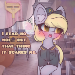 Size: 2664x2664 | Tagged: safe, artist:sodapop sprays, derpibooru import, derpy hooves, pegasus, pony, series:derpy can't catch a break, g4, clothes, fluttermop, hat, i fear no man, indoors, mcdonald's, meme, mop, solo, talking to viewer, text, uniform, worried