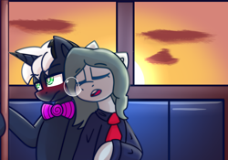 Size: 3772x2636 | Tagged: safe, artist:askhypnoswirl, derpibooru import, oc, oc only, oc:doctor tent, oc:hypno swirl, unicorn, blushing, bowtie, clothes, cloud, duo, duo male, horn, male, necktie, sleeping, snot bubble, sunset, train, unicorn oc, window