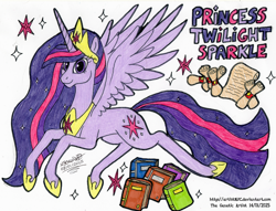 Size: 4313x3291 | Tagged: safe, artist:artistnjc, derpibooru import, princess twilight 2.0, twilight sparkle, twilight sparkle (alicorn), alicorn, pony, g4, book, character name, crown, cutie mark, ethereal mane, ethereal tail, hoof shoes, jewelry, older, older twilight, older twilight sparkle (alicorn), peytral, princess shoes, regalia, scroll, signature, smiling, solo, spread wings, stars, tail, traditional art, wings