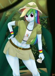 Size: 1280x1761 | Tagged: safe, artist:lennondash, derpibooru import, rainbow dash, human, equestria girls, g4, 2d, abs, bangs, belly, belly button, breasts, clothes, cutie mark on clothes, explorer outfit, female, flashlight (object), forest, jungle, legs, looking at you, midriff, miniskirt, multicolored hair, muscles, nature, outdoors, rainbow hair, rainbuff dash, skirt, solo, tree, wristband