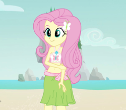 Size: 1258x1096 | Tagged: safe, artist:ocean lover, derpibooru import, edit, edited screencap, screencap, fluttershy, equestria girls, g4, adorasexy, bare midriff, bare shoulders, base, bashful, beach, beach babe, beautiful, belly, belly button, bikini, bikini babe, bikini top, blue eyes, boulder, butterfly hairpin, clothes, cloud, cute, cutie mark on clothes, kindness, long hair, midriff, ocean, outdoors, pink hair, pretty, sand, sarong, sexy, shy, shyabetes, sky, smiling, swimsuit, water, wave