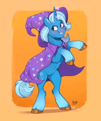 Size: 2025x2422 | Tagged: safe, artist:birdoffnorth, derpibooru import, trixie, pony, unicorn, g4, bipedal, cape, clothes, female, grin, hat, high res, horn, mare, rearing, smiling, solo, trixie's cape, trixie's hat