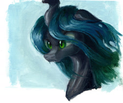 Size: 1802x1503 | Tagged: safe, artist:plainoasis, derpibooru import, queen chrysalis, changeling, changeling queen, g4, bust, fangs, female, portrait, simple background, slit, solo, traditional art