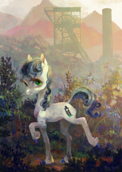 Size: 3508x4961 | Tagged: safe, artist:wolfiedrawie, derpibooru import, oc, oc only, oc:chica, oc:drew, earth pony, pony, commission, factory, female, grass, hug, industrial, looking at you, mare, mine, mountain, outdoors, raised hoof, raised leg, scenery, smiling, solo, unshorn fetlocks