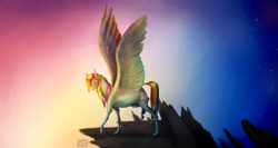 Size: 2251x1200 | Tagged: safe, artist:eugenchen, derpibooru import, rainbow dash, pegasus, pony, g4, abstract background, backwards cutie mark, colored wings, colored wingtips, dawn, eyes closed, female, hair over eyes, mare, morning, solo, spread wings, stars, walking, wings