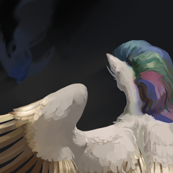 Size: 3000x3000 | Tagged: safe, artist:yanisfucker, derpibooru import, princess celestia, princess luna, alicorn, pony, g4, back, colored wings, colored wingtips, dark, ear fluff, ears, female, fluffy, flying, high res, mare, missing accessory, shoulder fluff, solo, spread wings, wing fluff, wings