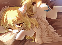 Size: 1900x1391 | Tagged: safe, artist:swaybat, derpibooru import, oc, oc only, oc:star nai, pegasus, pony, bed, blonde, blonde hair, cutie mark, ears, female, floppy ears, golden eyes, light, mare, white coat