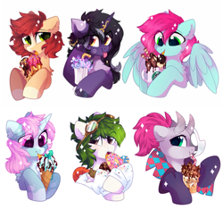 Size: 2047x2000 | Tagged: safe, artist:mirtash, derpibooru import, oc, oc only, oc:bead trail, oc:lexing, oc:rivibaes, oc:scoops, earth pony, pegasus, pony, unicorn, bust, coat markings, donut, eating, food, goggles, heart, heart eyes, high res, horn, ice cream, mask, pale belly, simple background, white background, wingding eyes