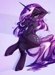 Size: 2192x2972 | Tagged: safe, artist:shenki, derpibooru import, nightmare rarity, pony, unicorn, g4, blushing, crossed legs, ears, eye clipping through hair, female, floppy ears, high res, horn, legwear, looking at you, mare, sitting, smiling, solo