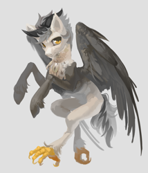 Size: 3500x4093 | Tagged: safe, artist:yanisfucker, derpibooru import, oc, oc only, original species, pony, claws, coat markings, fangs, feathered fetlocks, flying, solo, talons, unshorn fetlocks